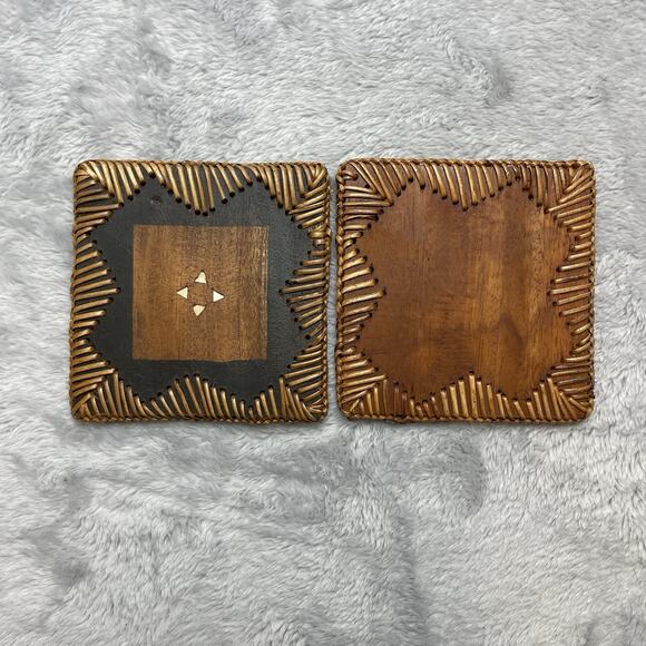 Vintage Wicker Rattan Woven Coasters Holder Set of 6 Tiki Bar Boho Rustic - Picture 3 of 6